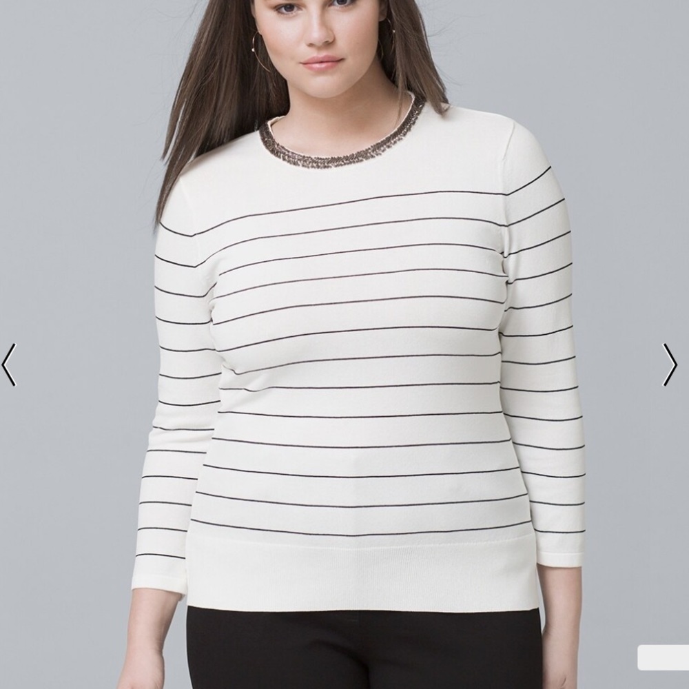 WHITE House Black Market‎ Plus Embellished-Neck Stripe Sweater Size L